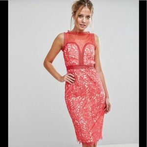 Little Mistress coral lace midi dress
